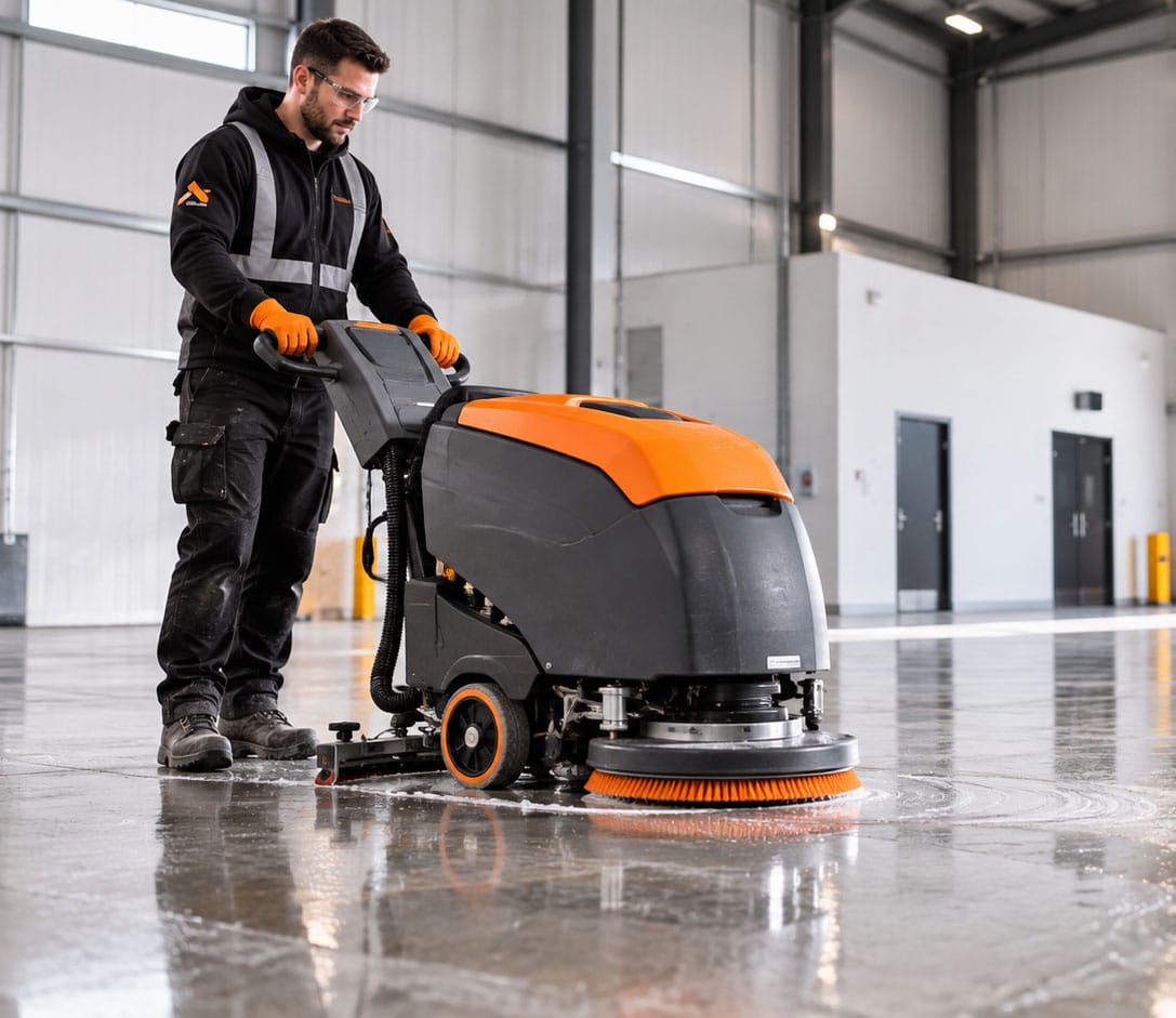 An operative scrubbing a warehouse floor with a cleaning machine