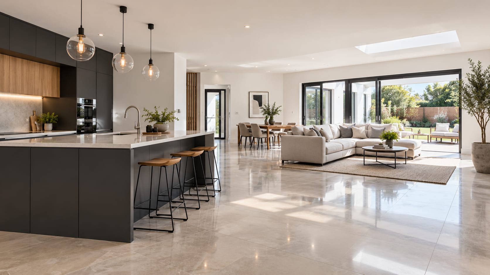 A clean open-plan living space after renovation