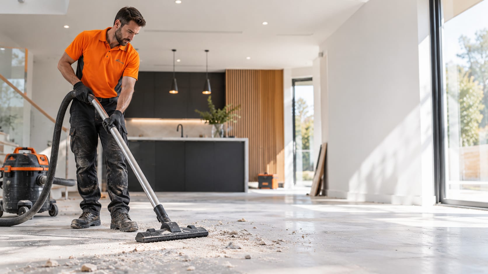 A Toughmuck cleaner vacuuming after building work