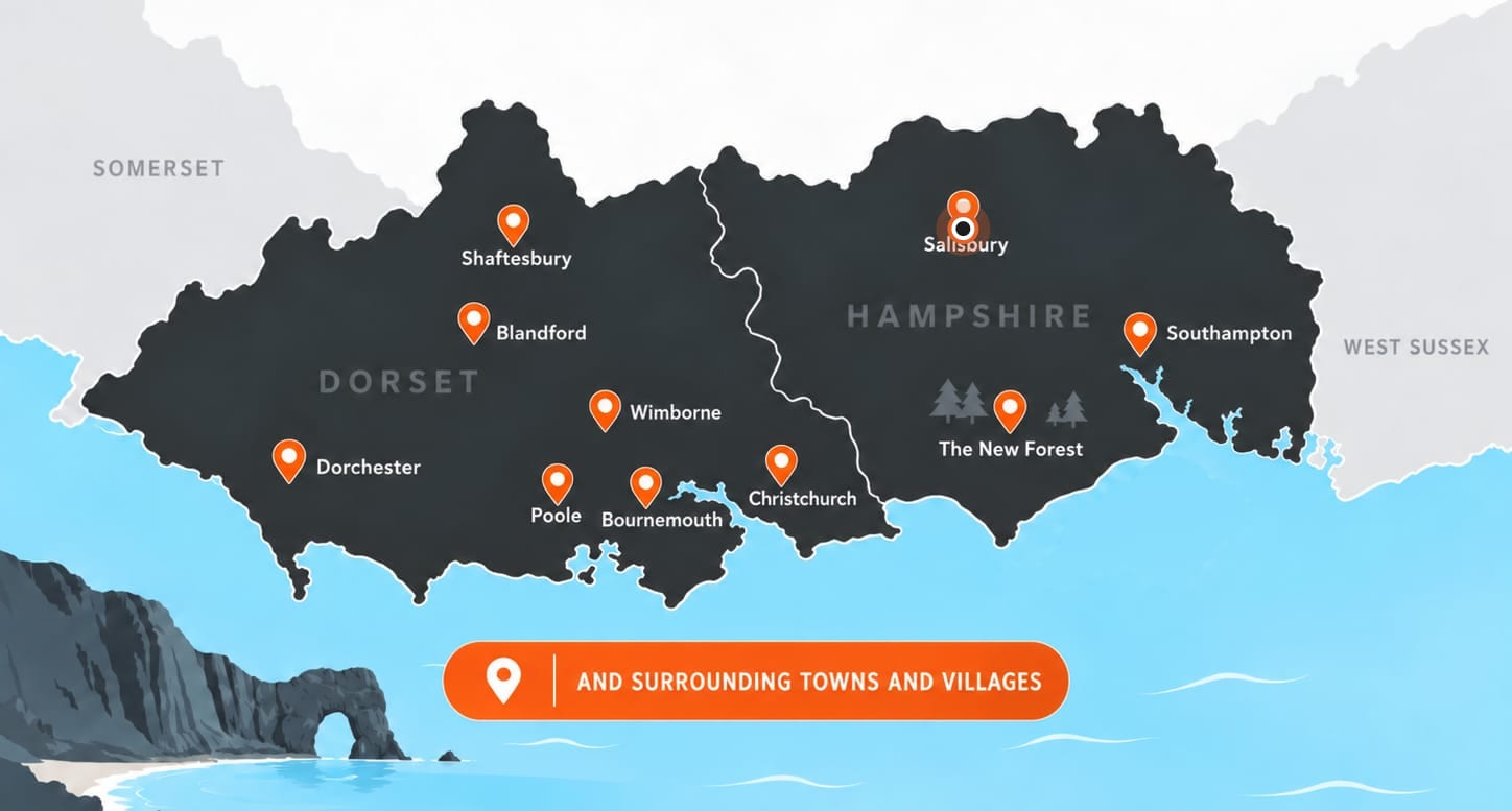 Map of the areas Toughmuck covers in Dorset and Hampshire, with Salisbury marked near Fordingbridge, the New Forest, Ringwood