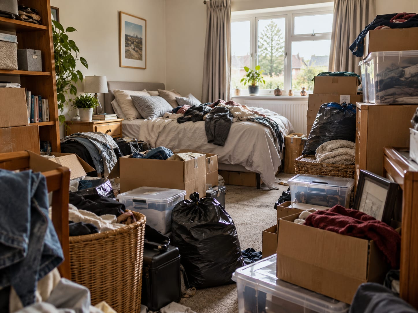 A bedroom filled with boxes, bags and accumulated belongings