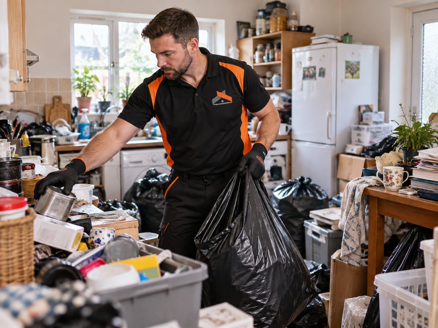 A Toughmuck cleaner clearing a cluttered kitchen