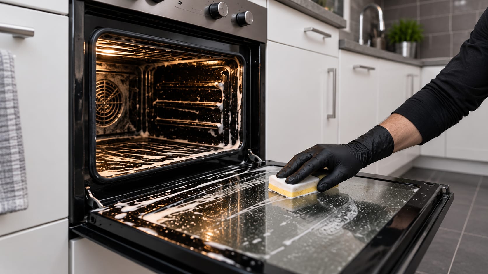 An oven being deep cleaned with professional products