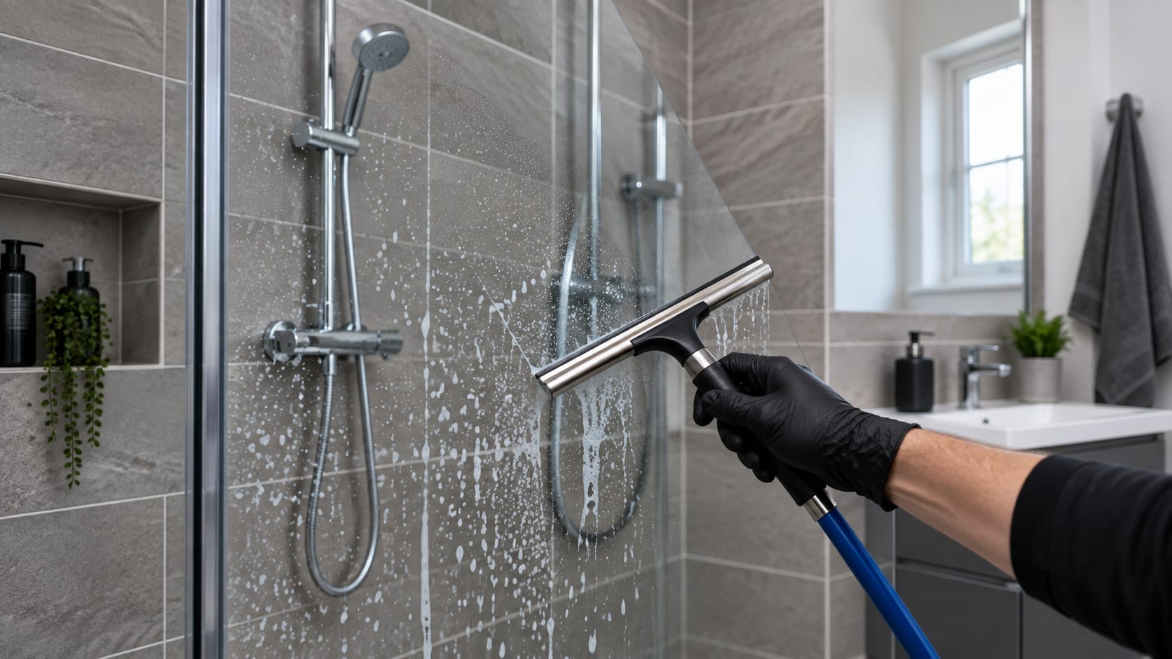 A shower screen being squeegeed clean