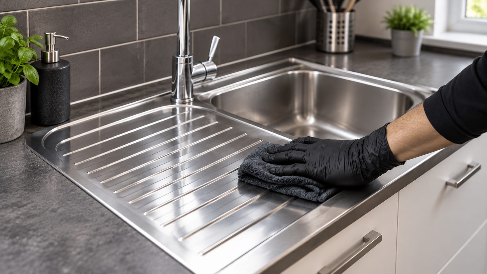 A kitchen sink being cleaned in an older person's home